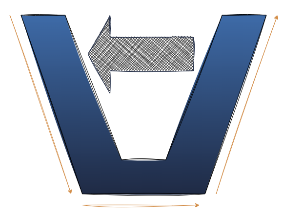 Blaues "V" mit grauem Pfeil nach links, stilisiert und in gezeichneter Optik.